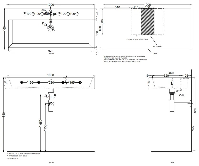 Cielo Smile lavabo 100x46 monoforo rettangolare sospeso o da appoggio con troppo pieno in ceramica lavagna