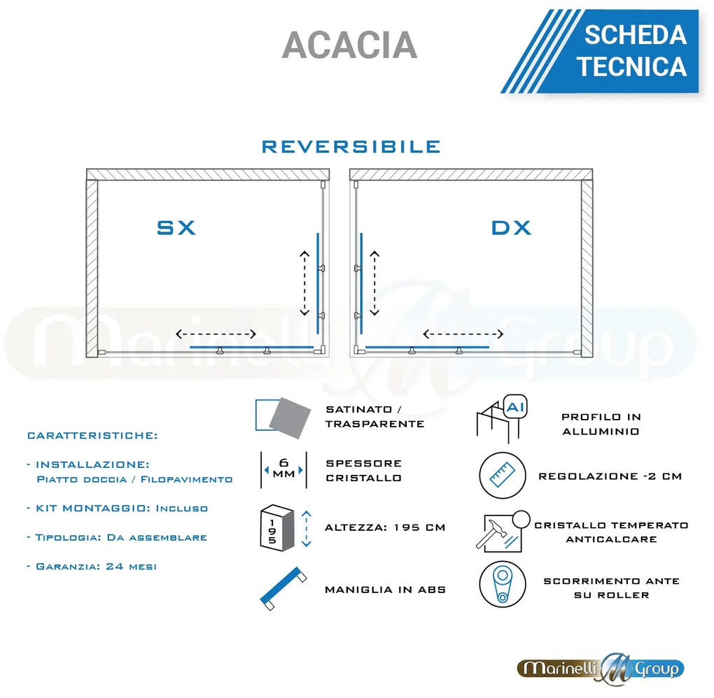 Box doccia angolare 100X130 Acacia satinato con due ante scorrevoli