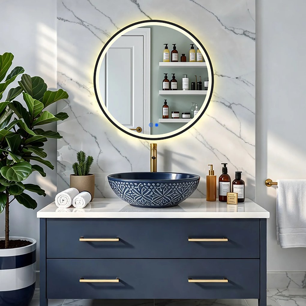 Specchio rotondo con illuminazione LED in una cornice nera in alluminio