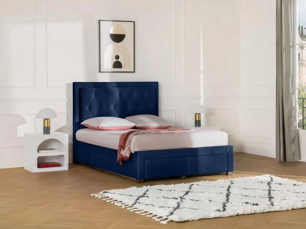 SALDI -  Letto matrimoniale con cassetti 160 x 200 cm in Velluto Blu - LEOPOLD