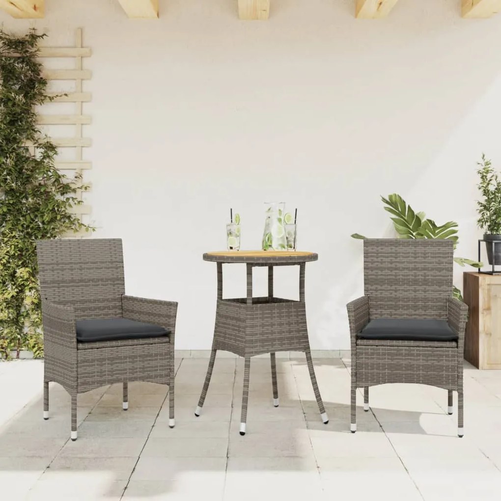Set Pranzo Da Giardino 3pz Con Cuscini Polyrattan Acacia Grigio /