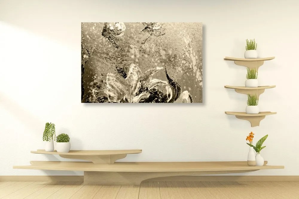 Quadro su tela – Peonie dipinte moderne in versione seppia