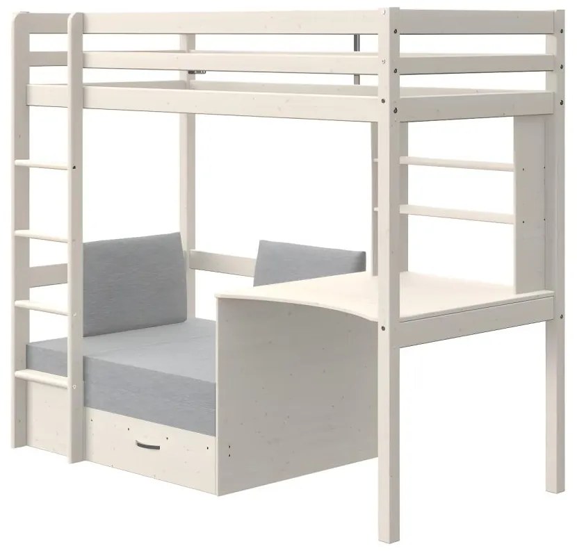 Letto a soppalco Scrivania, divano letto e vani portaoggetti 90 x 200 cm Abete massello Sbiancato - GOLIATH II