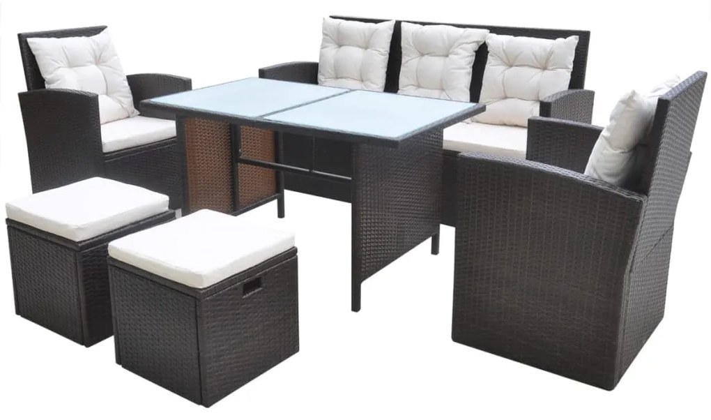 Set da pranzo da giardino 6 pz con cuscini polyrattan marrone