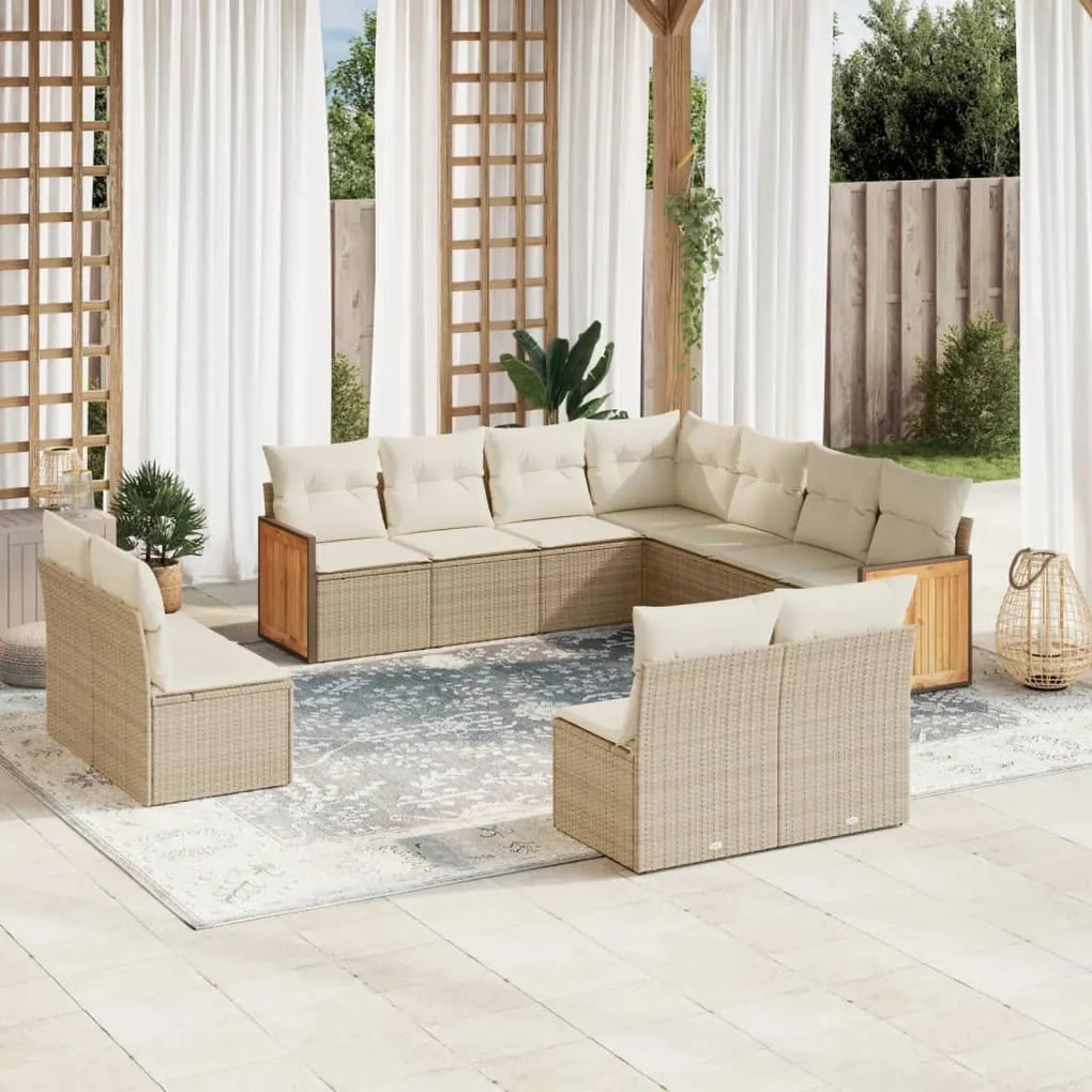 Set divani da giardino 11 pz con cuscini beige in polyrattan