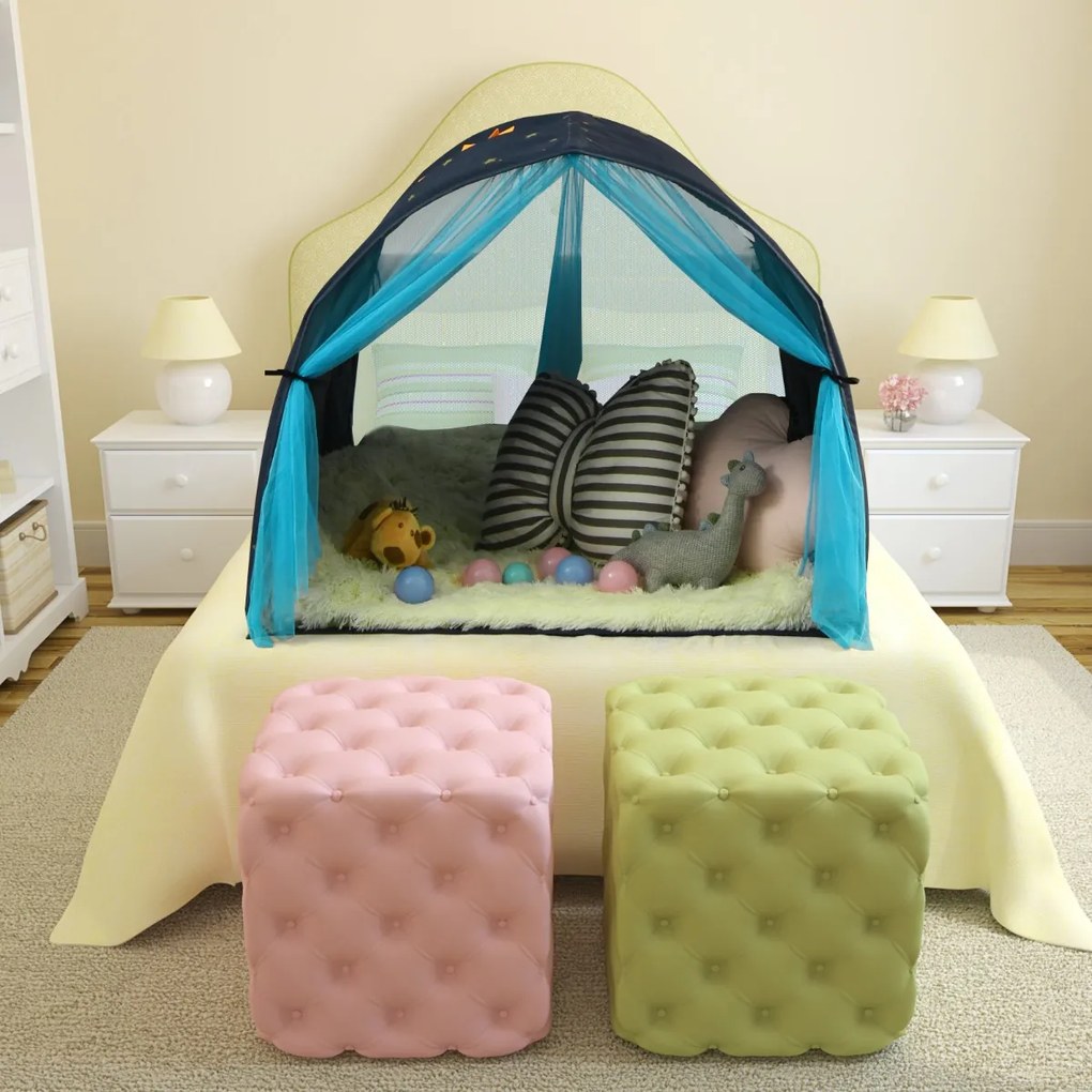 Costway Tenda da gioco per letto dei bambini con borsa di trasporto, Casetta portatile con doppia tenda a rete Blu
