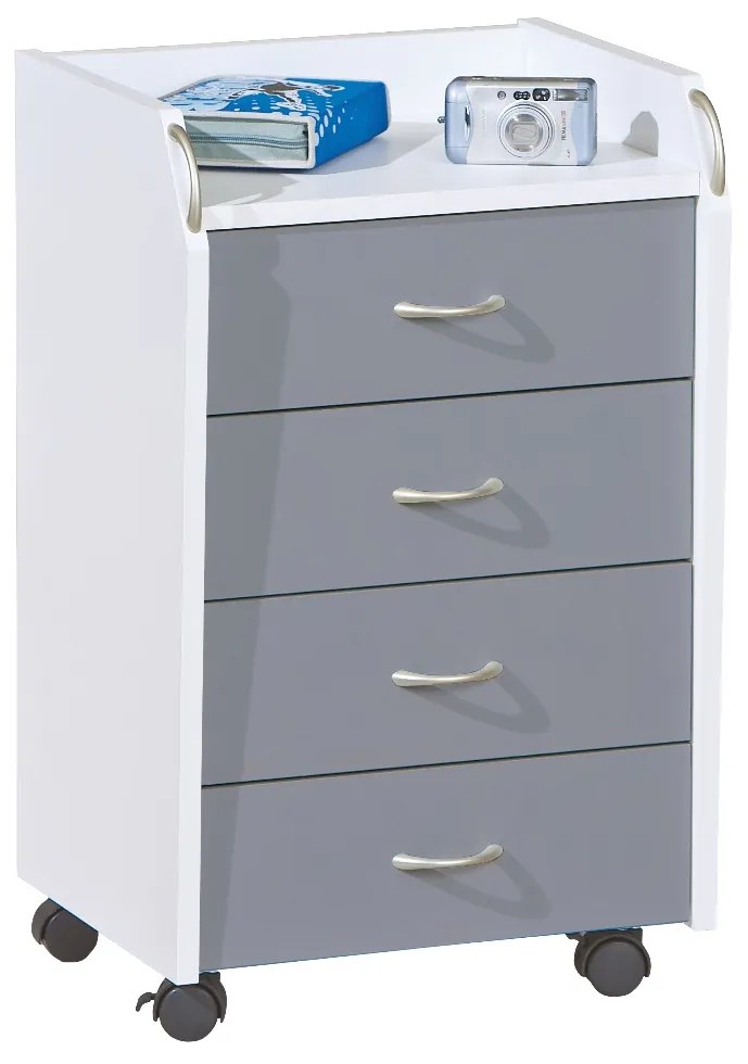 Cassettiera 4 cassetti, finitura bianco e grigio, con ruote