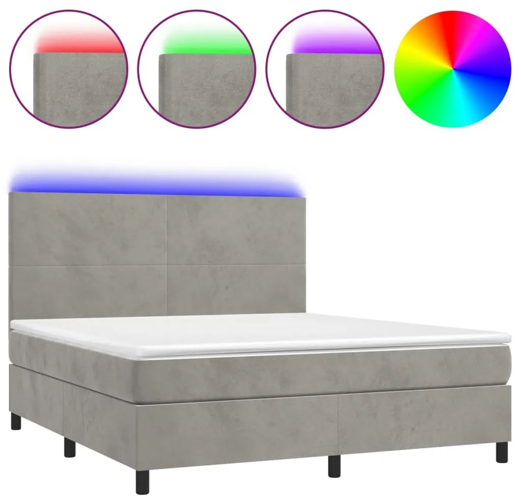 Letto a molle materasso e led grigio chiaro 180x200 cm velluto