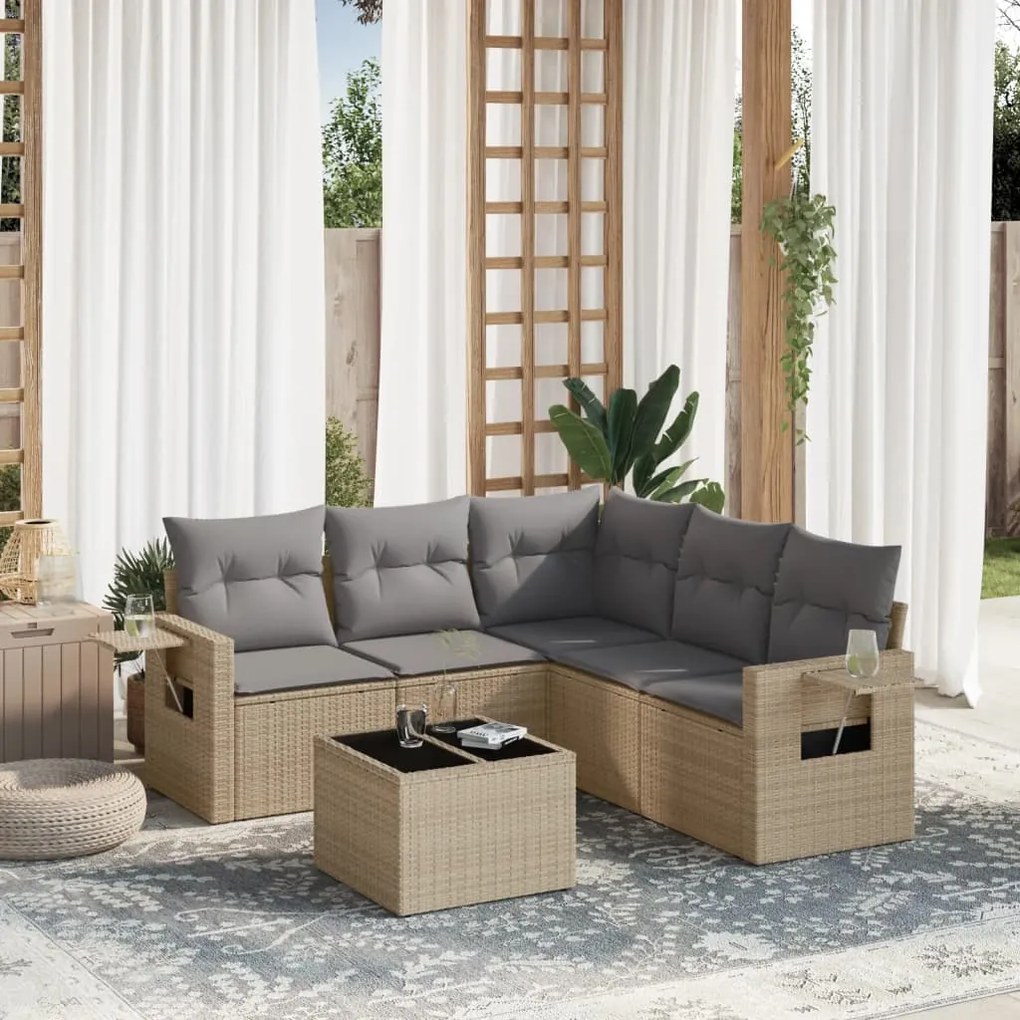 Set Divano da Giardino 6 pz con Cuscini Beige in Polyrattan