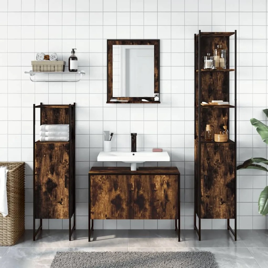 Set mobili da bagno 4 pz rovere fumo in legno multistrato