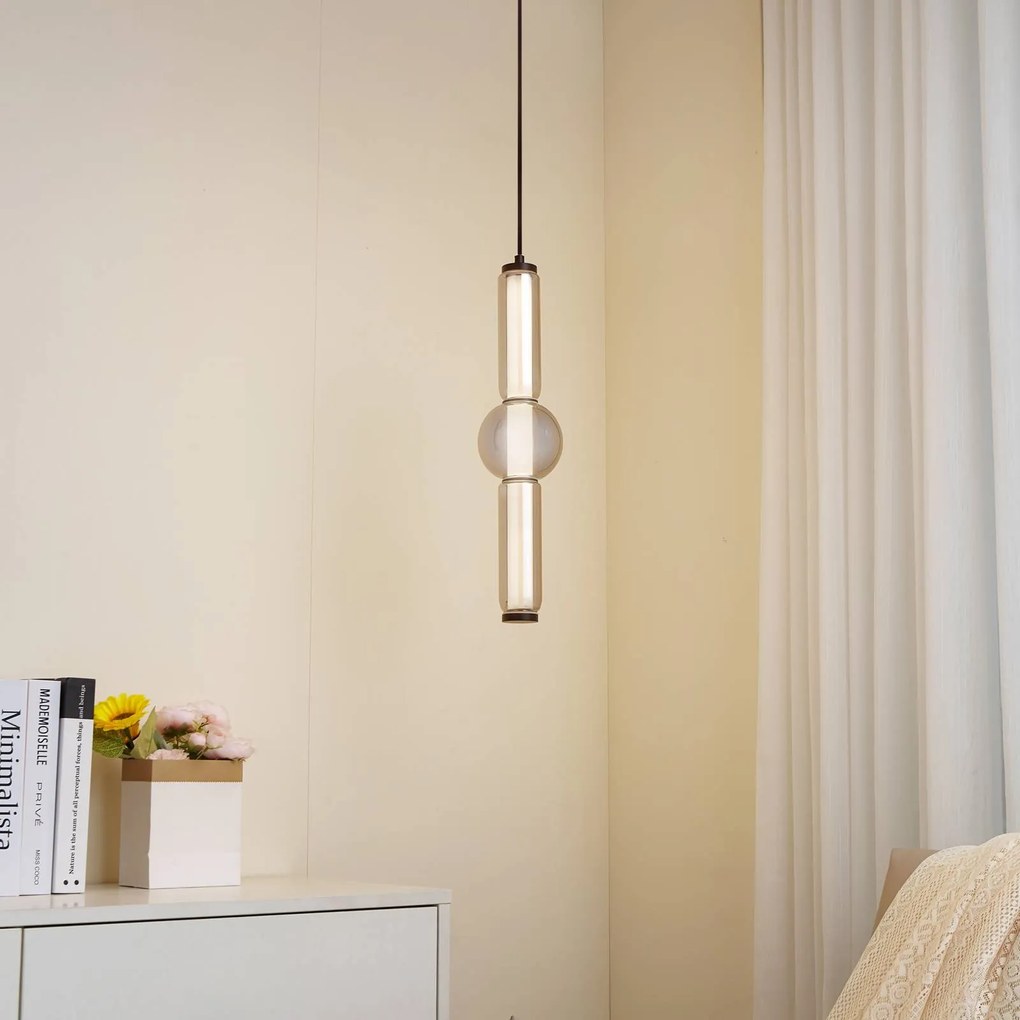 Lucande lampada LED a sospensione Savete, grigio fumo, vetro, Ø 12 cm Savete, Alluminio / Grigio / Zincato, Soggiorno / Sala da pranzo, Vetro, Moderno