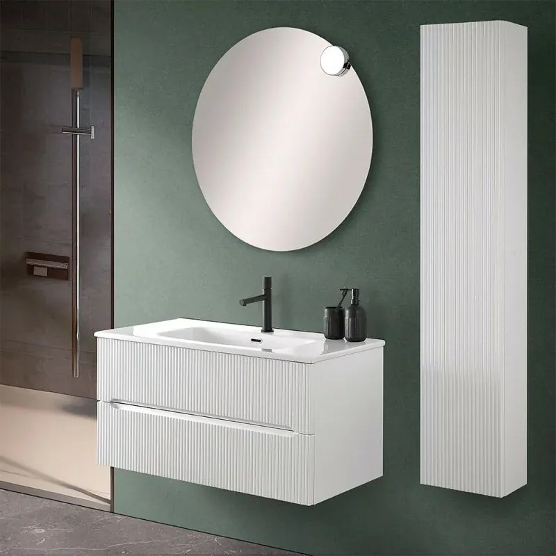 Mobile bagno sospeso cannettato 90 cm bianco opaco con specchio Bali