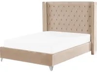 Letto matrimoniale a doghe velluto beige imbottito trapuntato poggiatesta 140 x 200 cm stile glamour elegante