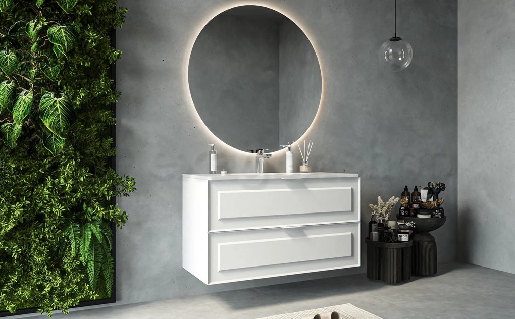 Mobile bagno bianco opaco 102x47 Dublino con lavabo in ceramica due cassetti con cornice