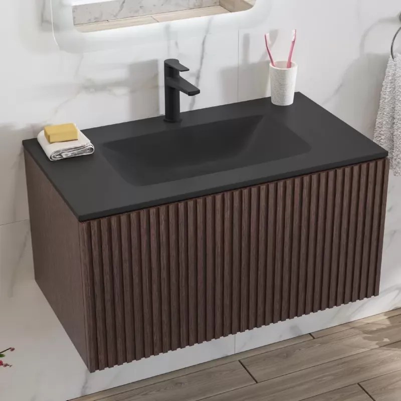 Mobile bagno sospeso 80cm effetto cannettato con lavabo nero KDS-80L - KAMALU