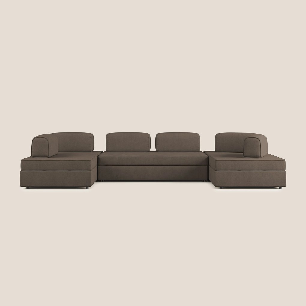 Liberty divano panoramico con pouf estraibile e schienali movibili in tessuto morbido impermeabile T02 marrone