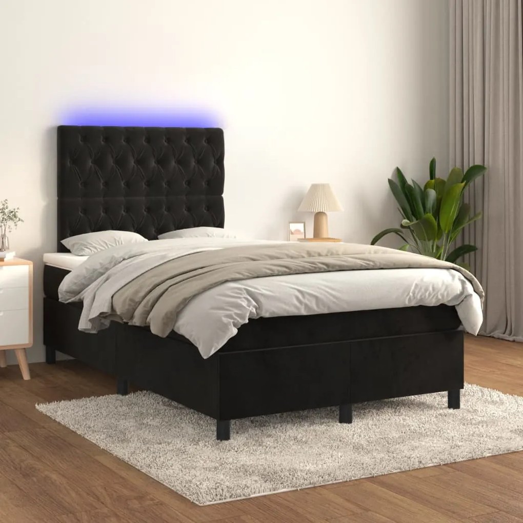 Letto a molle con materasso e led nero 120x200 cm in velluto