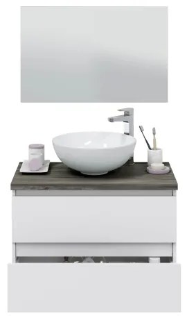 Mobile Da Bagno Sospeso 80 Cm 2 Cassetti Con Lavabo Da Appoggio Tokyo Bianco Lucido