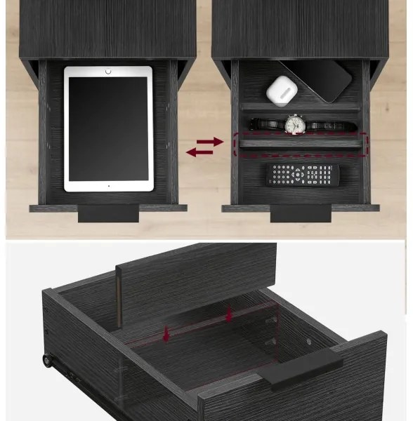 Comodino ROD nero con prese elettriche e porte USB integrate