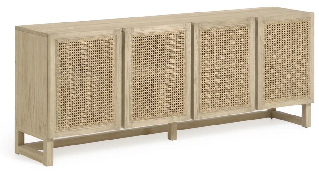 Kave Home - Credenza Rexit 4 ante in legno massello e impiallacciatura mindi con rattan 180 x 78 cm