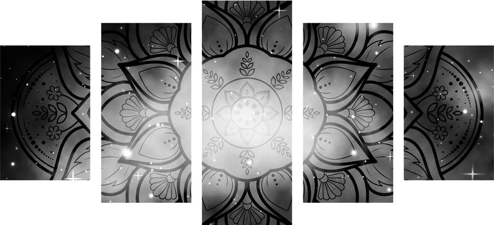 Quadri 5 pezzi – Mandala con sfondo galassia in bianco e nero