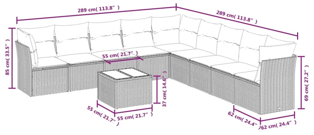 Set divano da giardino 10 pz con cuscini beige in polyrattan