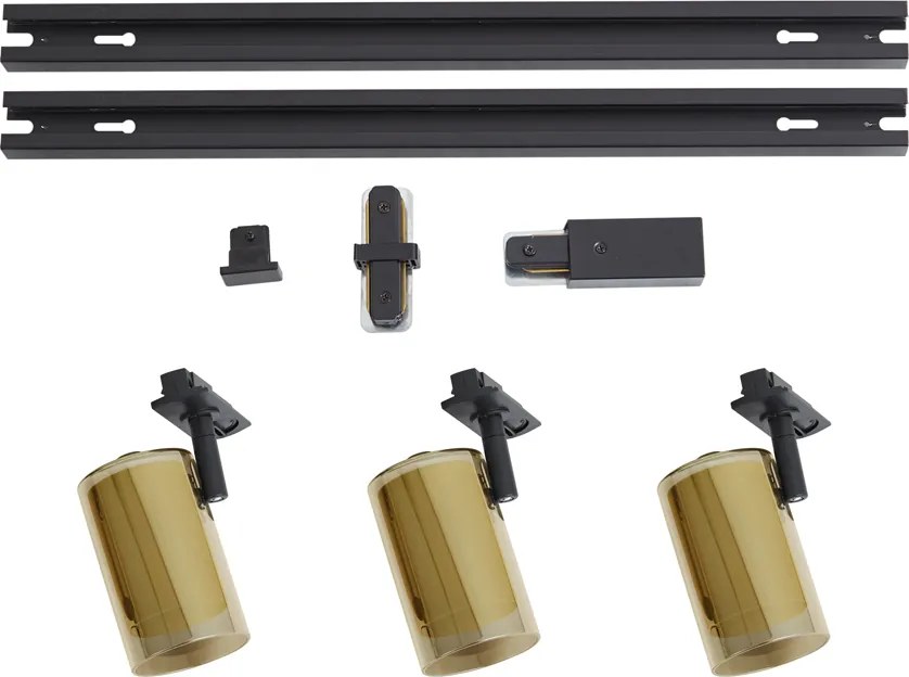 Sistema di illuminazione a binario moderno nero con 3 faretti dorati monofase - Iconic Lloyd