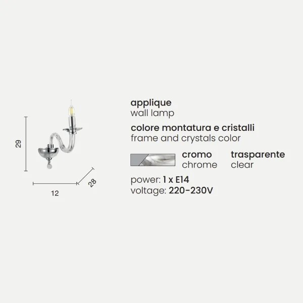 Applique 12 cm RAVEL 1 luce in vetro lavorato a mano Cromo