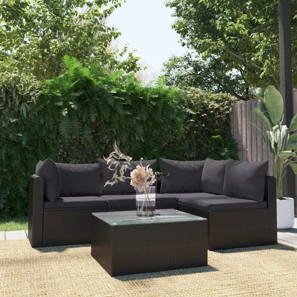 Set divani da giardino 5 pz con cuscini in polyrattan nero