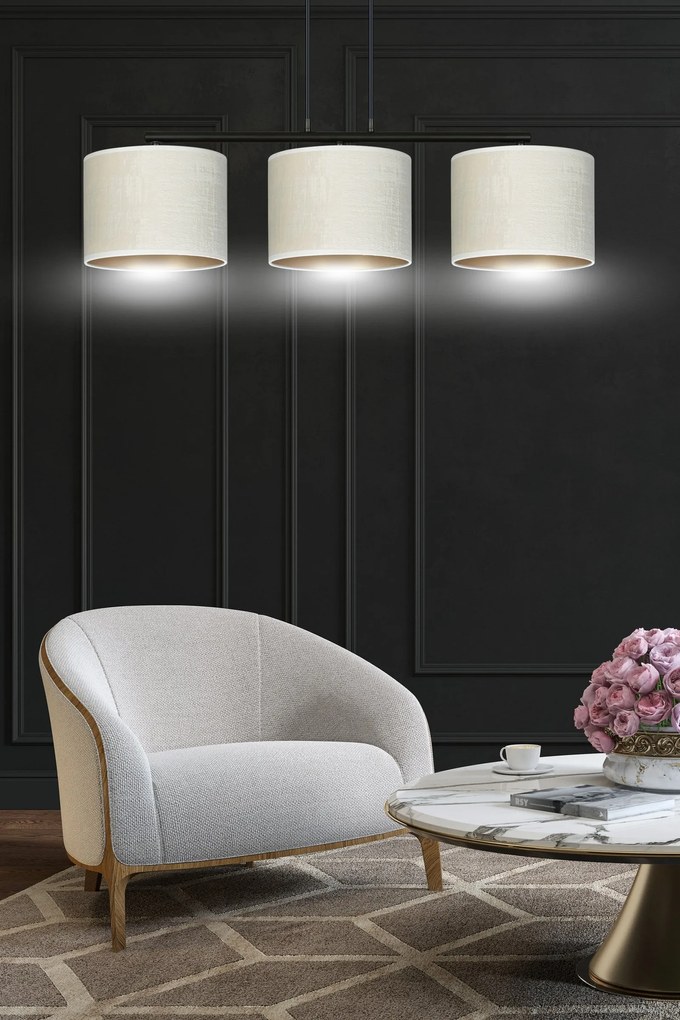 Lampadario 3 Luci Hilde In Acciaio Nero E Paralumi In Tessuto Beige