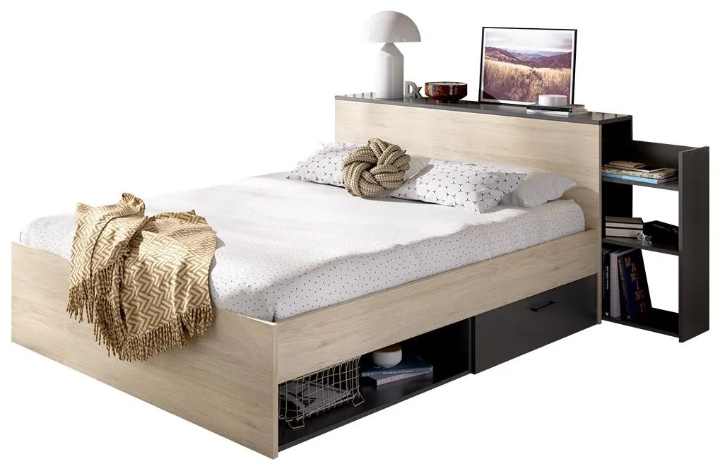 SALDI -  Letto con testata vani portaoggetti e cassetti 140 x 190 cm Naturale e Antracite - FLORIAN