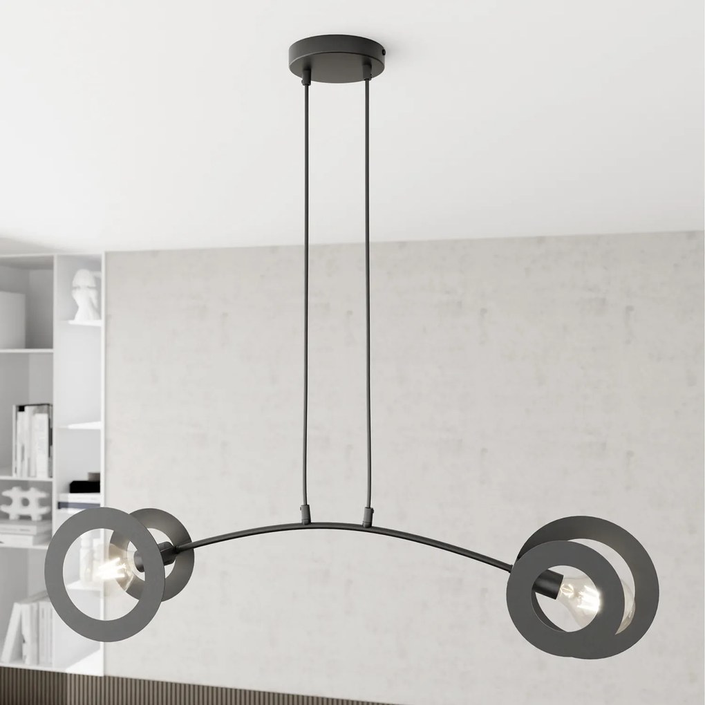 Lampadario 2 Luci Crono In Acciaio Nero A Bracci E Diffusori A Doppio Cerchio