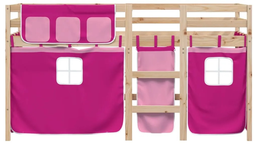 Letto a soppalco con tende bambini rosa 80x200 cm massello pino