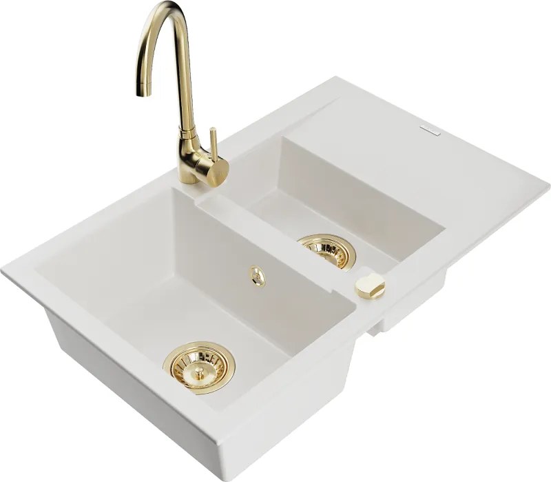 Mexen Gaspar lavello da cucina in granito 1,5 vasche con sgocciolatoio e rubinetto da cucina Telma, bianco - 6507-20-670200-50