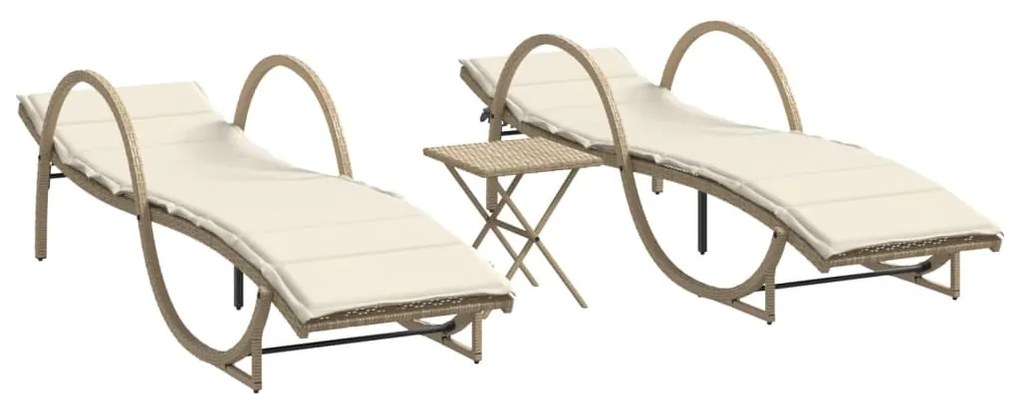 Lettini prendisole 2 pz con tavolino beige in polyrattan