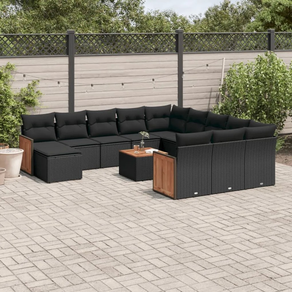 Set divani da giardino 13pz con cuscini nero in polyrattan