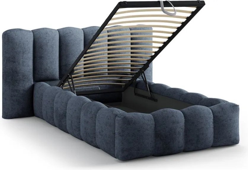 Letto singolo imbottito blu scuro con contenitore con rete inclusa 90x200 cm Lupine – Micadoni