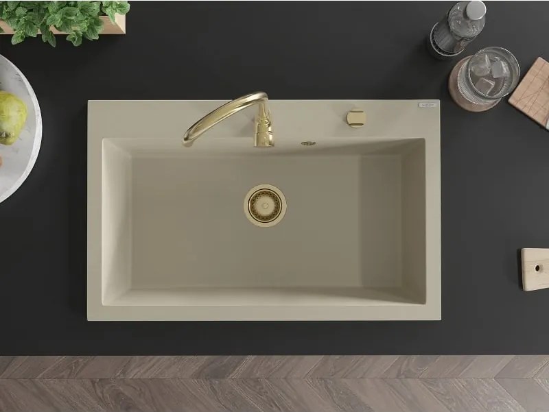 Mexen Elix lavello in granito con 1 vasca 800 x 500 mm, beige, sifone dorato - 6527801005-69-G