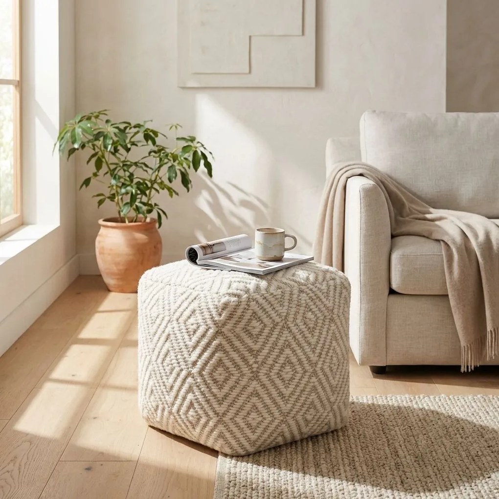 WOLF - pouf in lana avorio con decoro 40 x 40