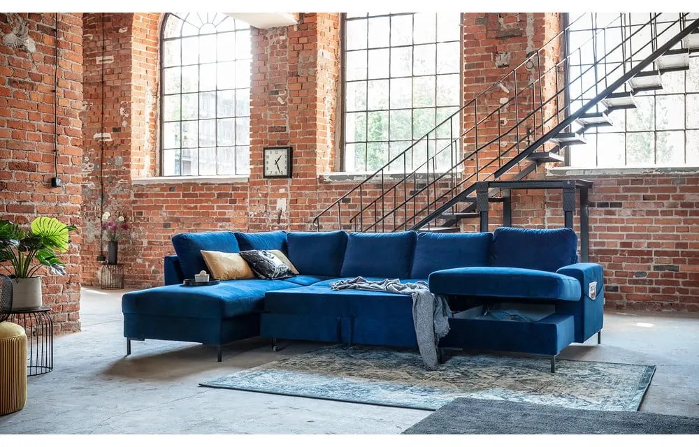 Divano letto a U in velluto blu navy, angolo sinistro Lofty Lilly - Miuform