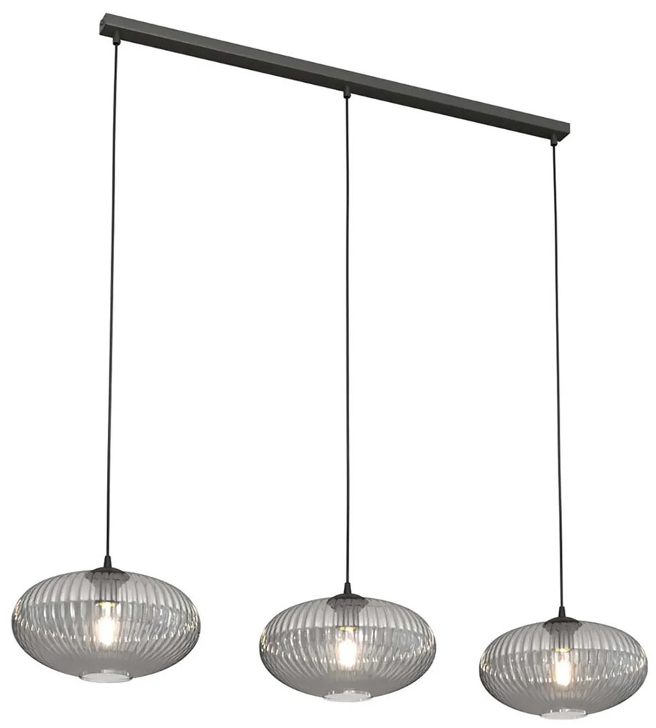 Lampadario 3 Luci Iris In Acciaio Nero Paralume Plissettato Fumè