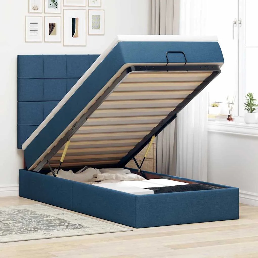 Struttura Letto Pouf Con Materasso Blu 90x190 Cm İn Tessuto /