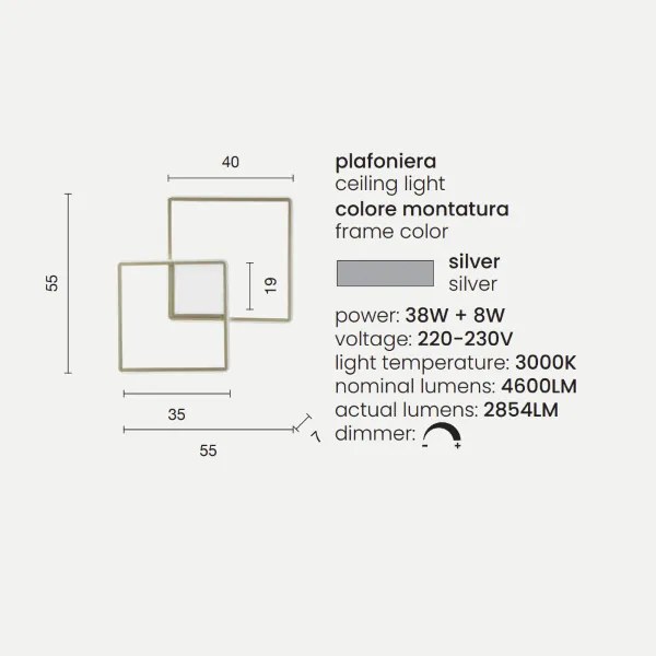 Plafoniera DOWEL 55x7 cm in metallo verniciato Silver