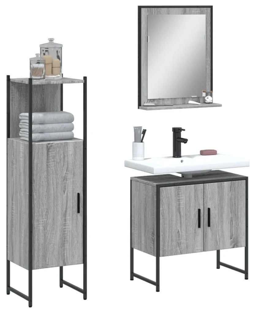 Set mobili da bagno 3 pz grigio sonoma in legno multistrato