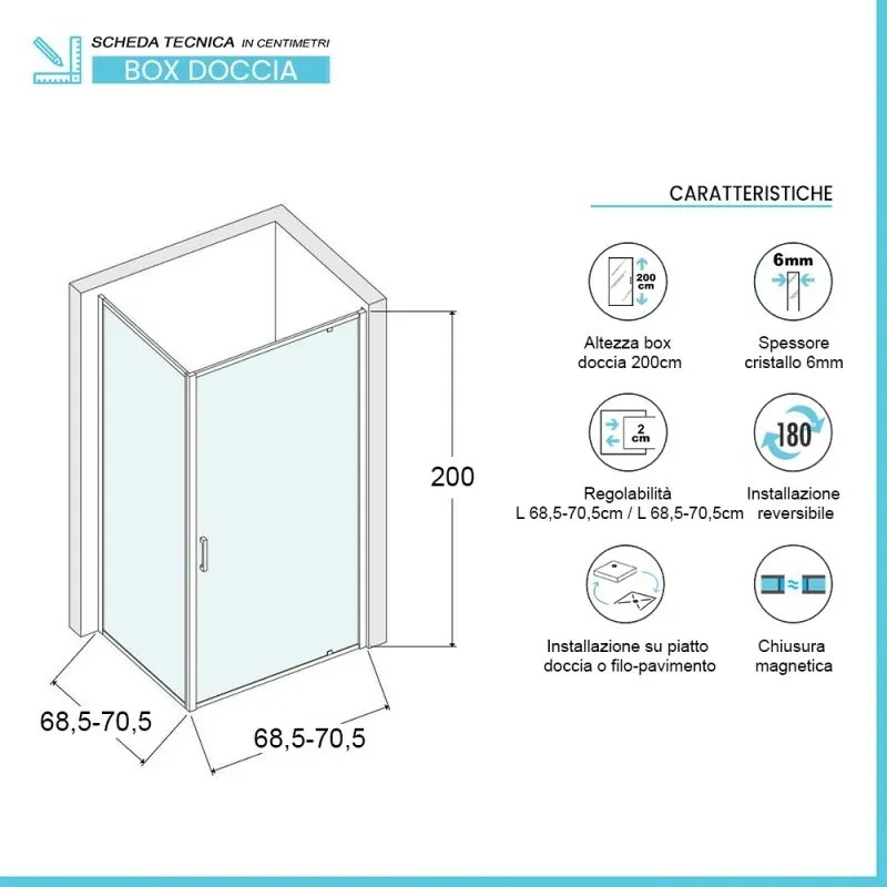 Box doccia angolare 70x70 cm con porta battente in cristallo trasparente Ted