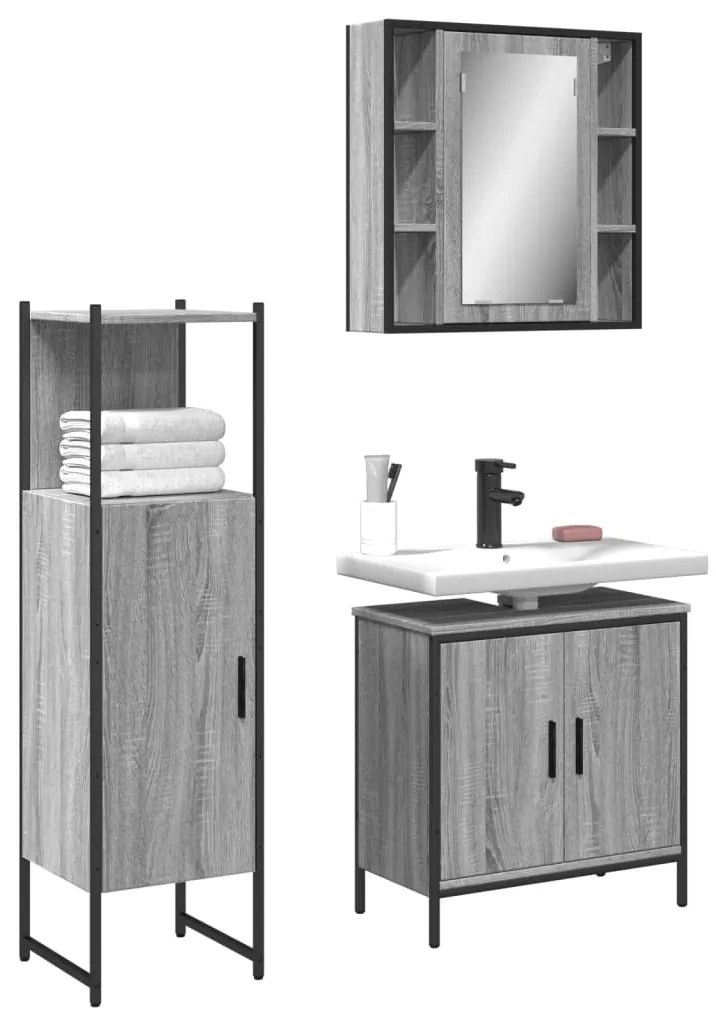 Set mobili da bagno 3 pz grigio sonoma in legno multistrato