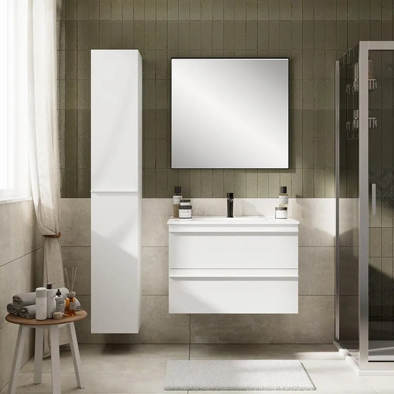 Mobile Linea L80 H55 P45 laccato bianco opaco 2 cassetti a chiusura ammortizzata e lavabo in ceramica vasca centrale