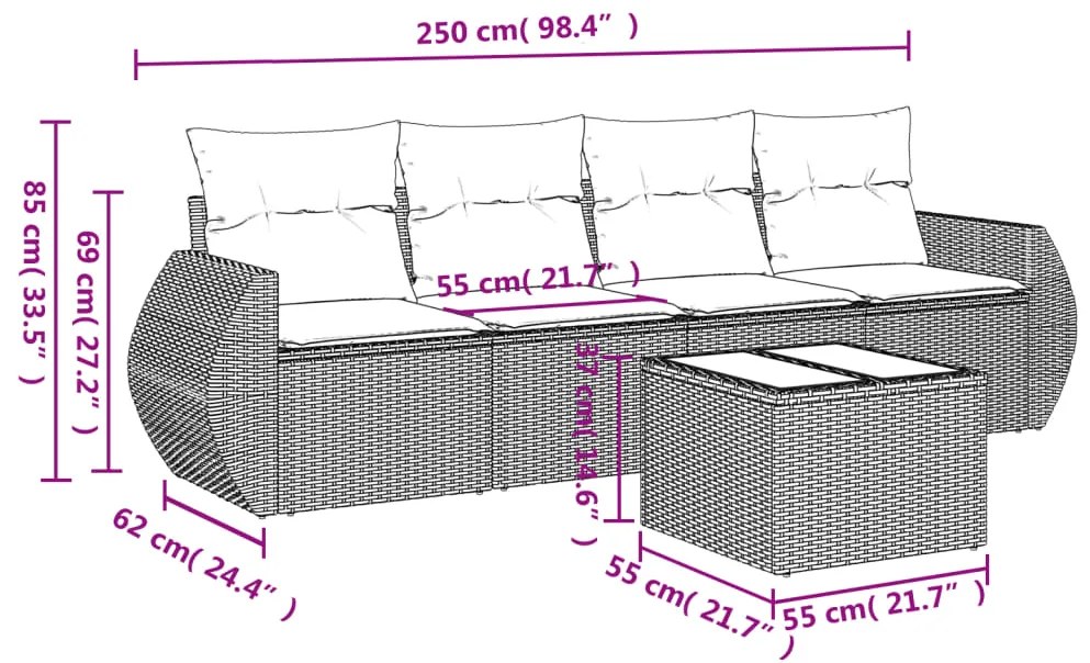 Set divano da giardino 5 pz con cuscini marrone in polyrattan