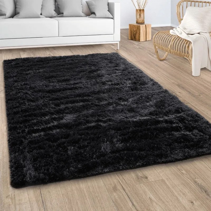 Tappeto Moderno Shaggy a pelo lungo Tinta Unita  Colore Nero, Dimensioni Tappeti cm 160x220