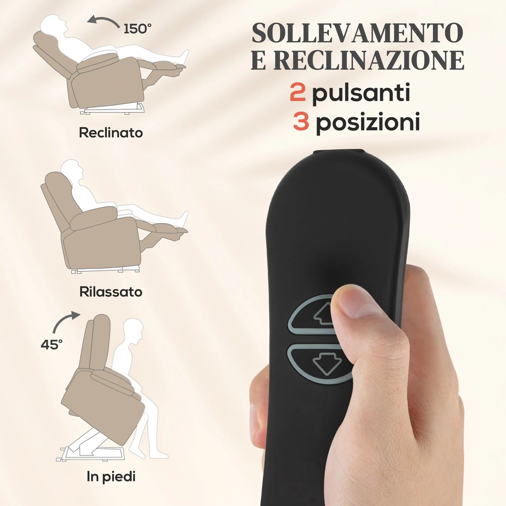 Poltrona Alzapersona Massaggiante e Reclinabile 93x104x105 cm con Telecomando in Tessuto Effetto Velluto Beige...